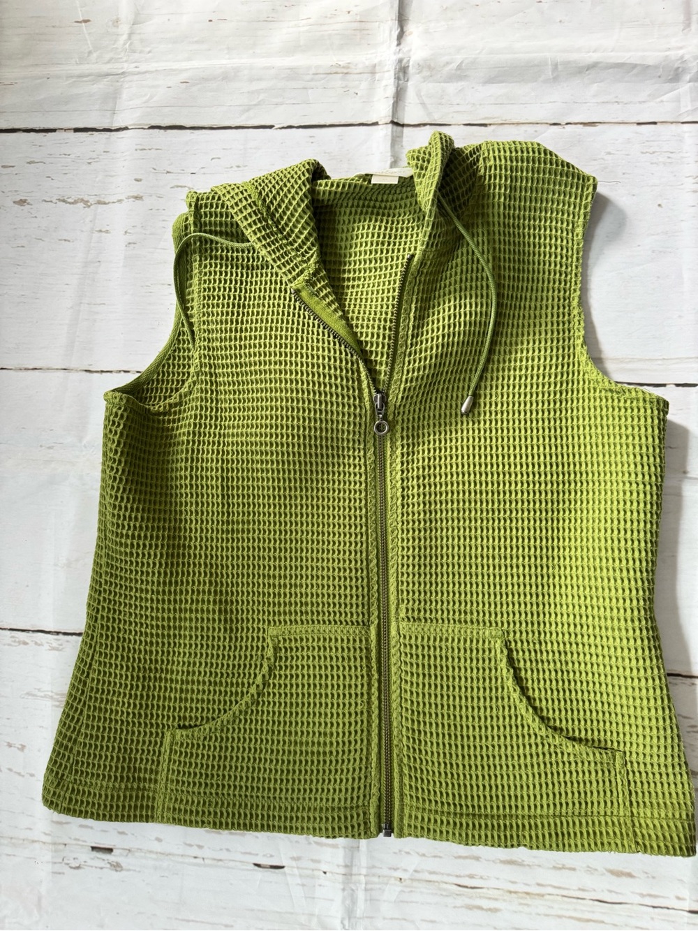 Womens Lime Green Waffle-Knit Hooded Vest with Zipper EUC